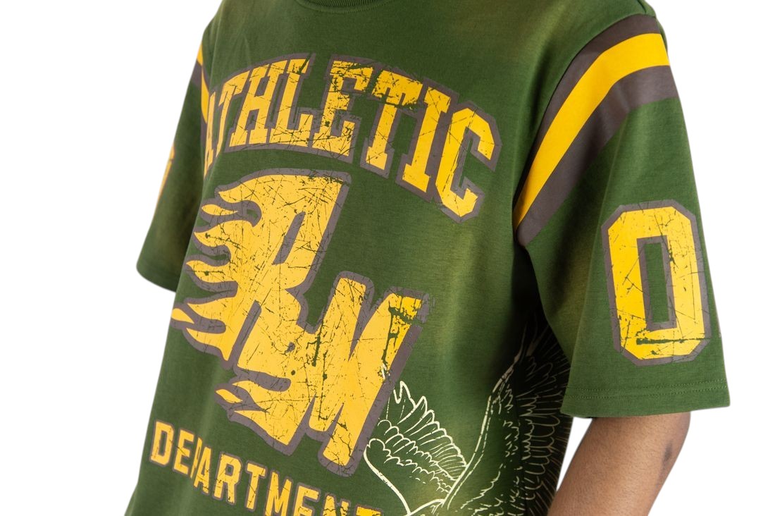 On Time Fashions green cotton jersey with yellow and brown athletic graphics, RM logo, and eagle design.