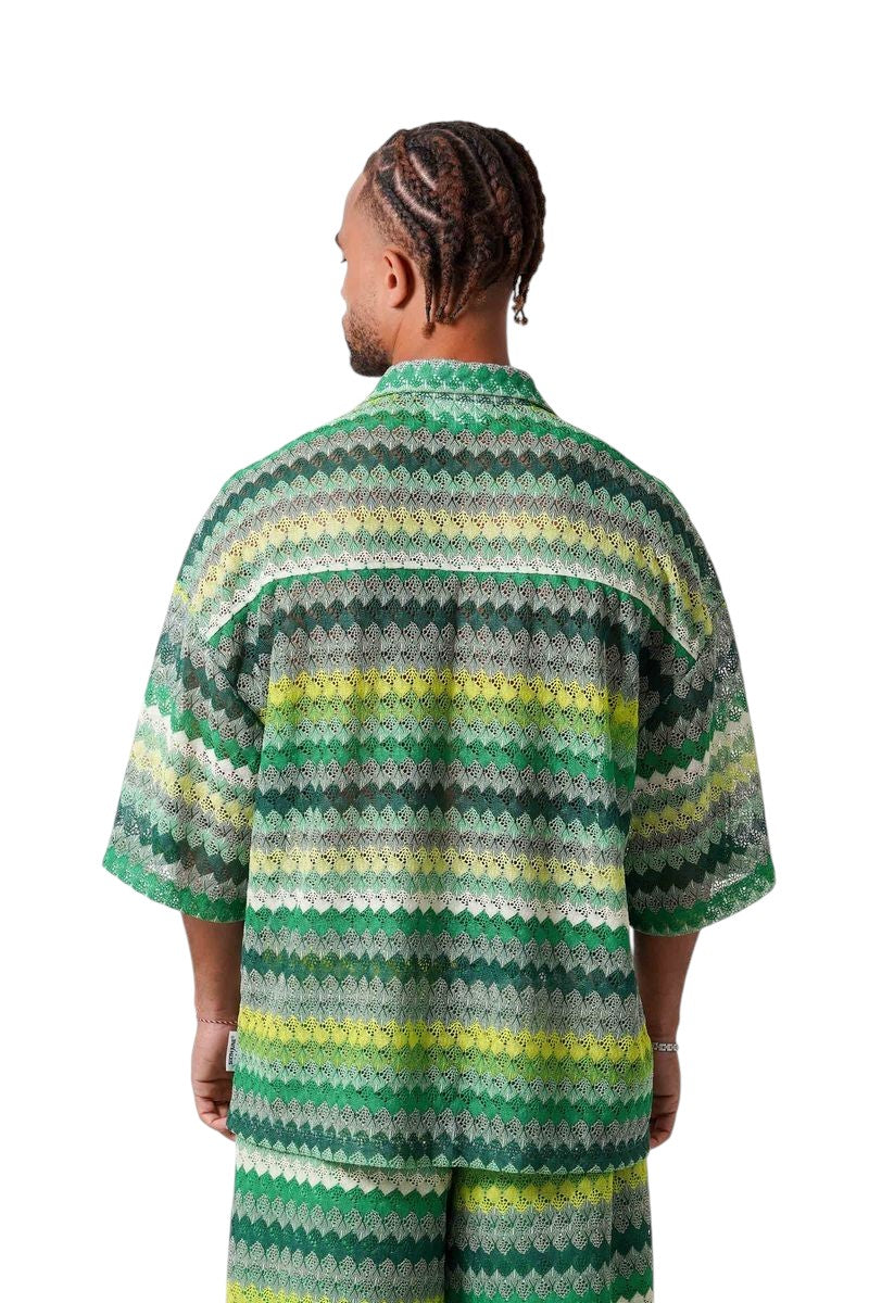 On Time Fashions men's green striped crochet resort set. Oversized short-sleeve shirt and matching shorts.