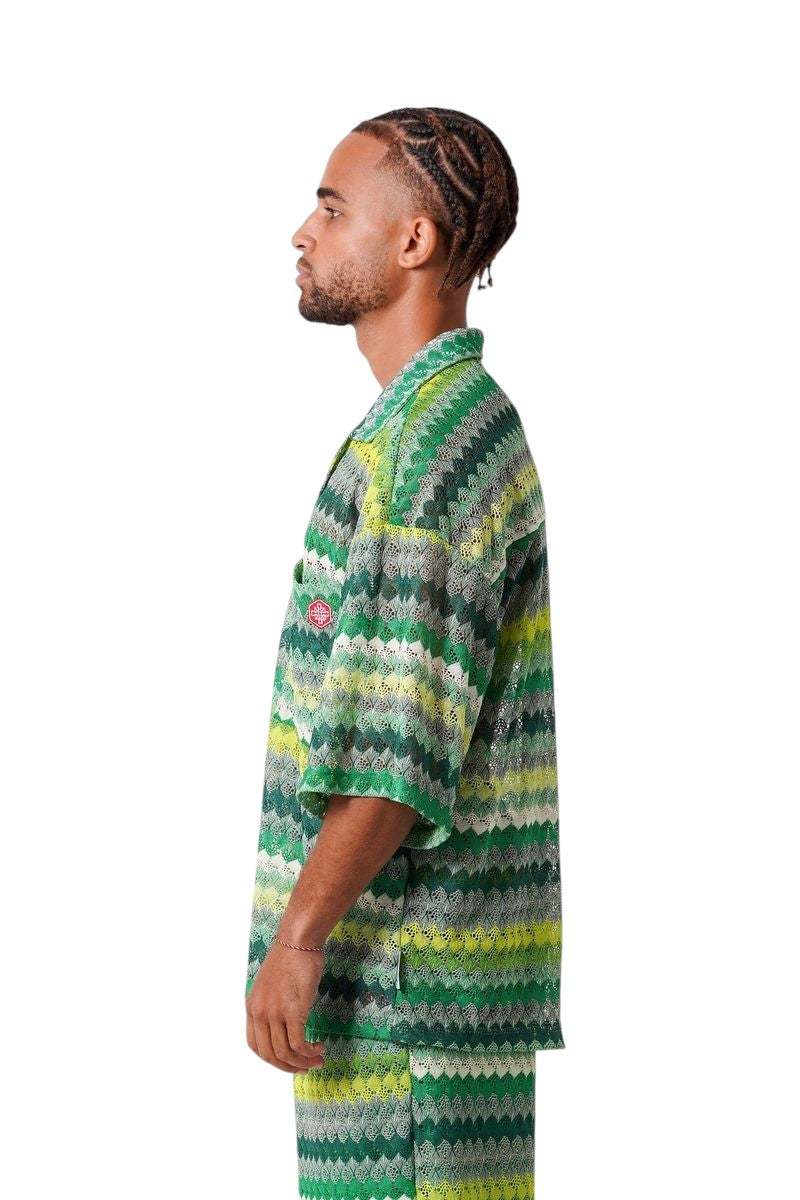 On Time Fashions men's green striped crochet resort set with embroidered patch on shirt and shorts.