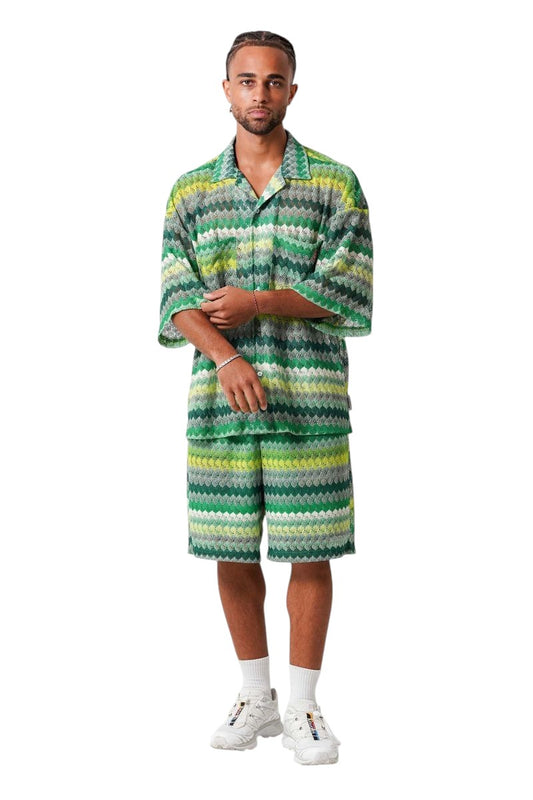 On Time Fashions men's green striped crochet resort set with oversized short-sleeve shirt and matching shorts.