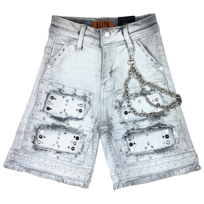 On Time Fashions grey wash denim shorts for kids with distressed rip and repair details, embellishments, and chain.
