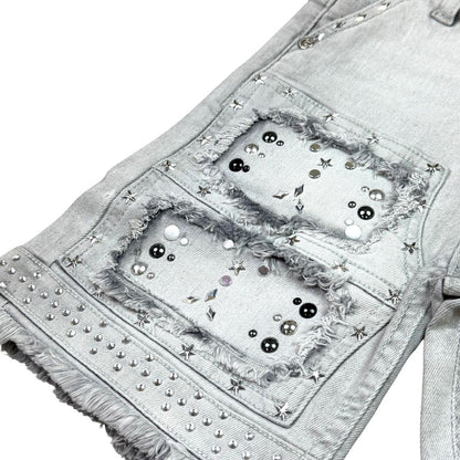On Time Fashions grey wash denim shorts for kids with distressed rip and repair details, star studs, and embellishments