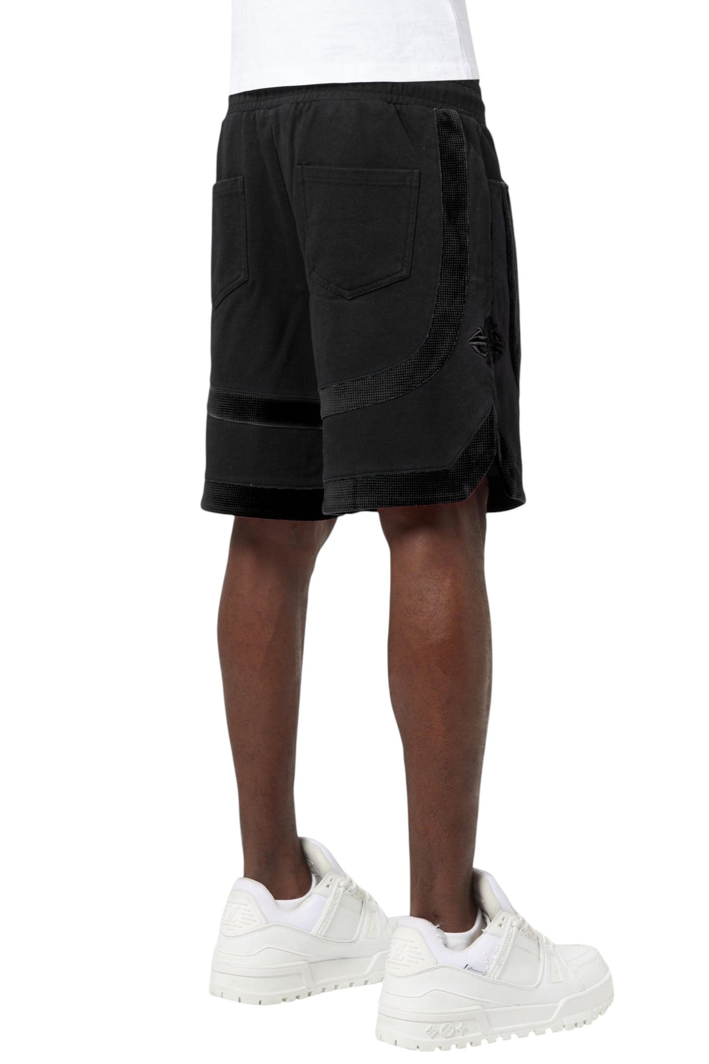 On Time Fashions Guapi Ascension black streetwear shorts with rhinestone detailing and back pocket view