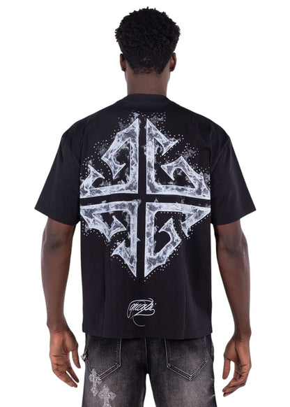 On Time Fashions Guapi Ascension black cotton tee with back graphic print and rhinestone detailing on a model