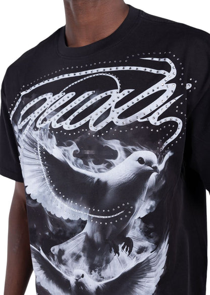 On Time Fashions Guapi Ascension black cotton tee with white dove graphic and rhinestone embellishments