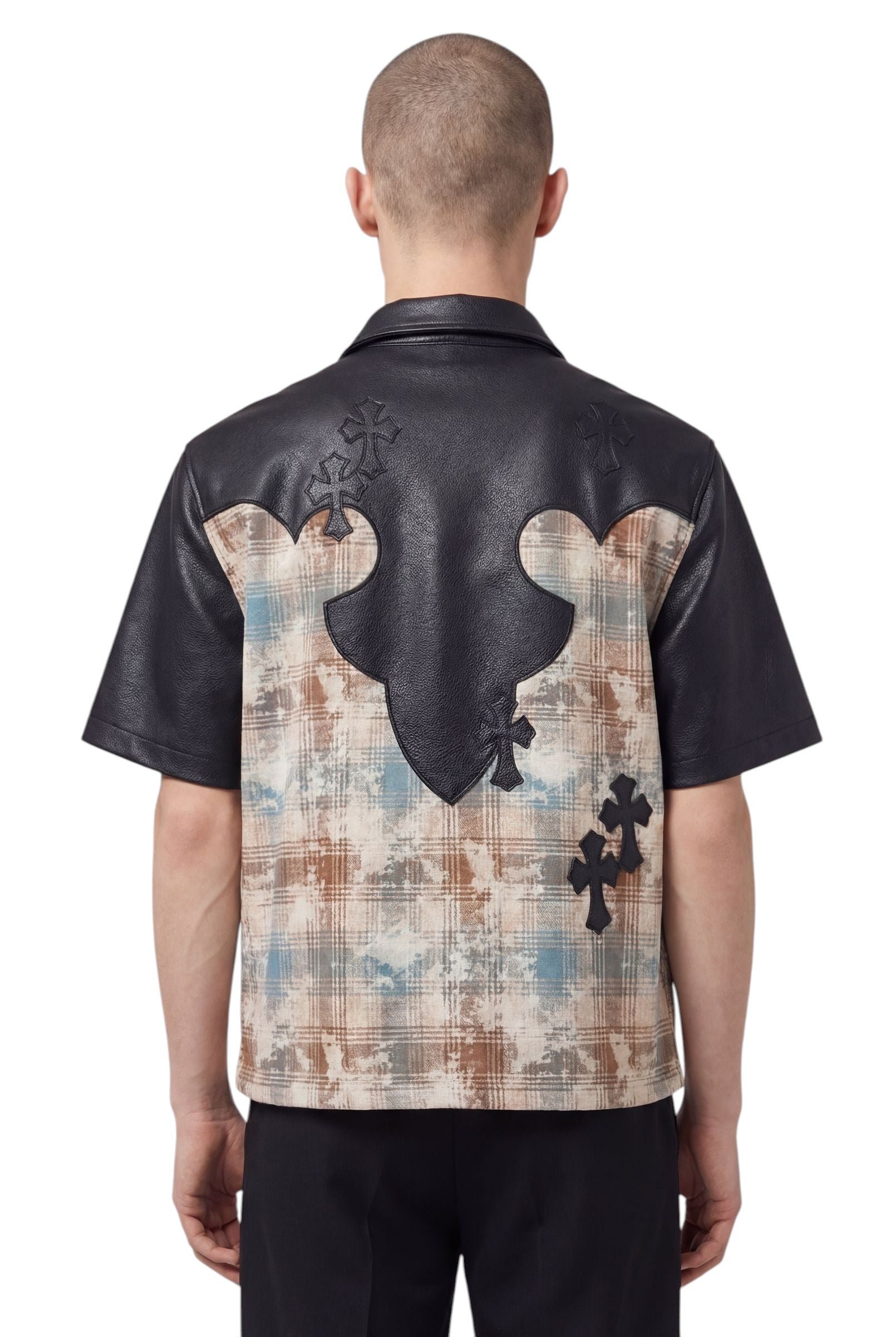 On Time Fashions Guapi short-sleeve shirt with black leather yoke, cross patches, and brown plaid back panel.