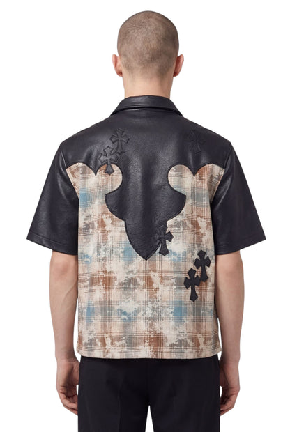 On Time Fashions Guapi short-sleeve shirt with black leather yoke, cross patches, and brown plaid back panel.