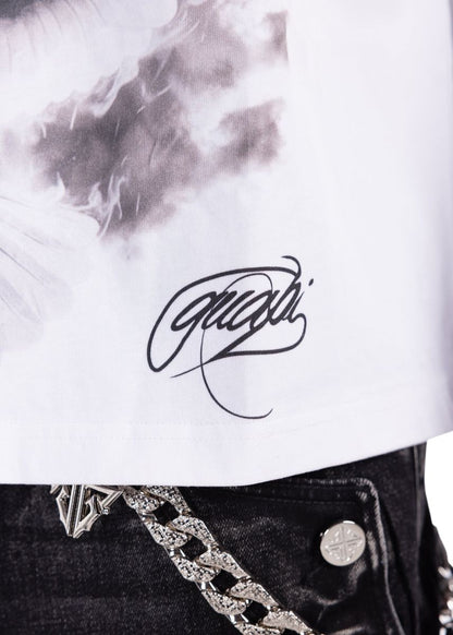 On Time Fashions Guapi Ascension white cotton t-shirt with black graphic print and signature logo detail