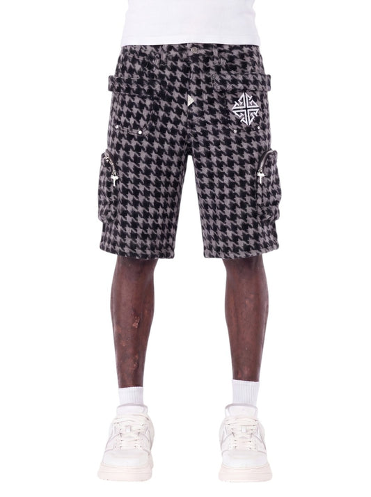 On Time Fashions Guapi black and gray houndstooth faux-fur cargo shorts with zip pockets and white emblem detail.