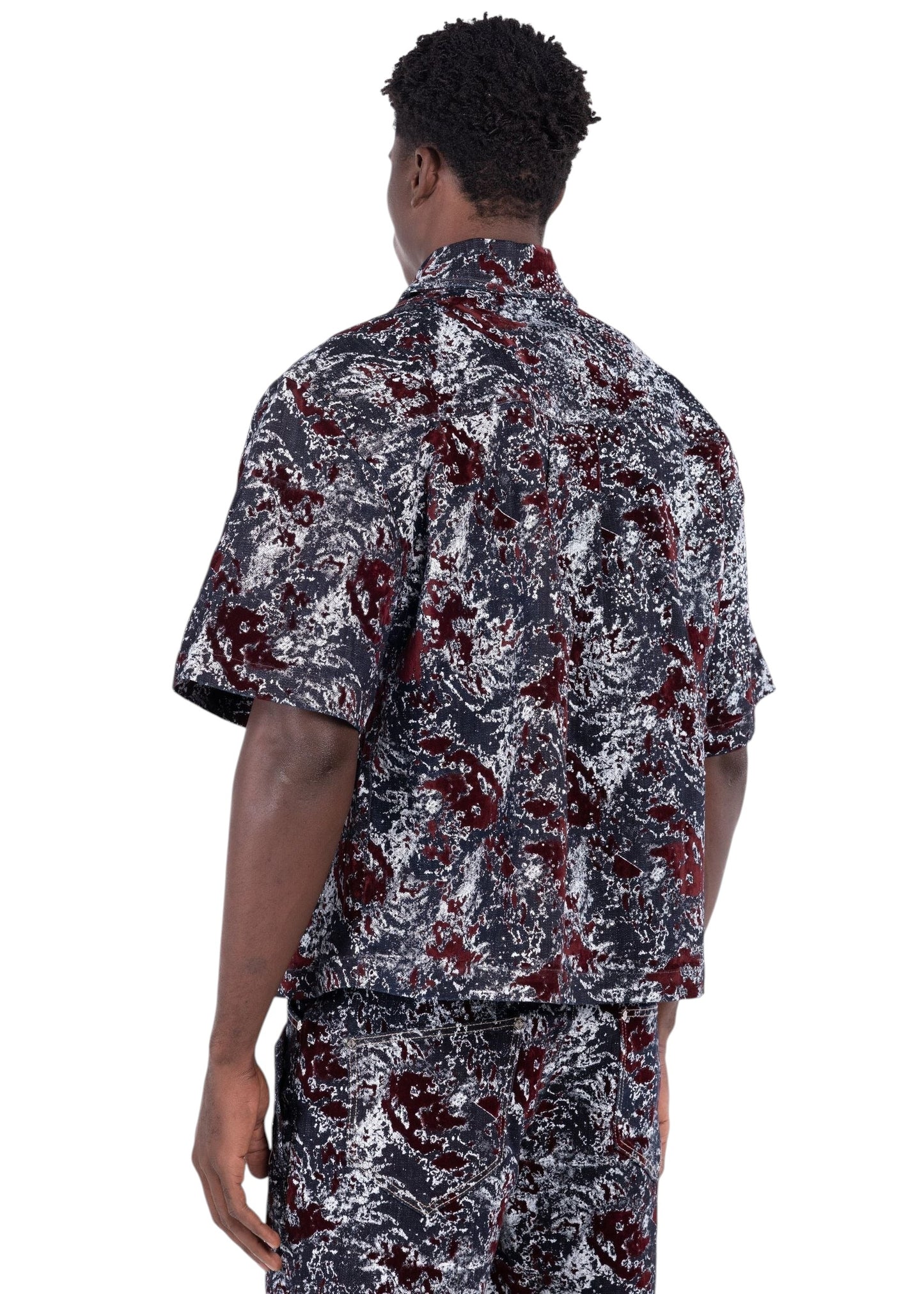On Time Fashions Guapi wine red laser-distressed velvet shirt with crystal embellishments, back view on a male model.