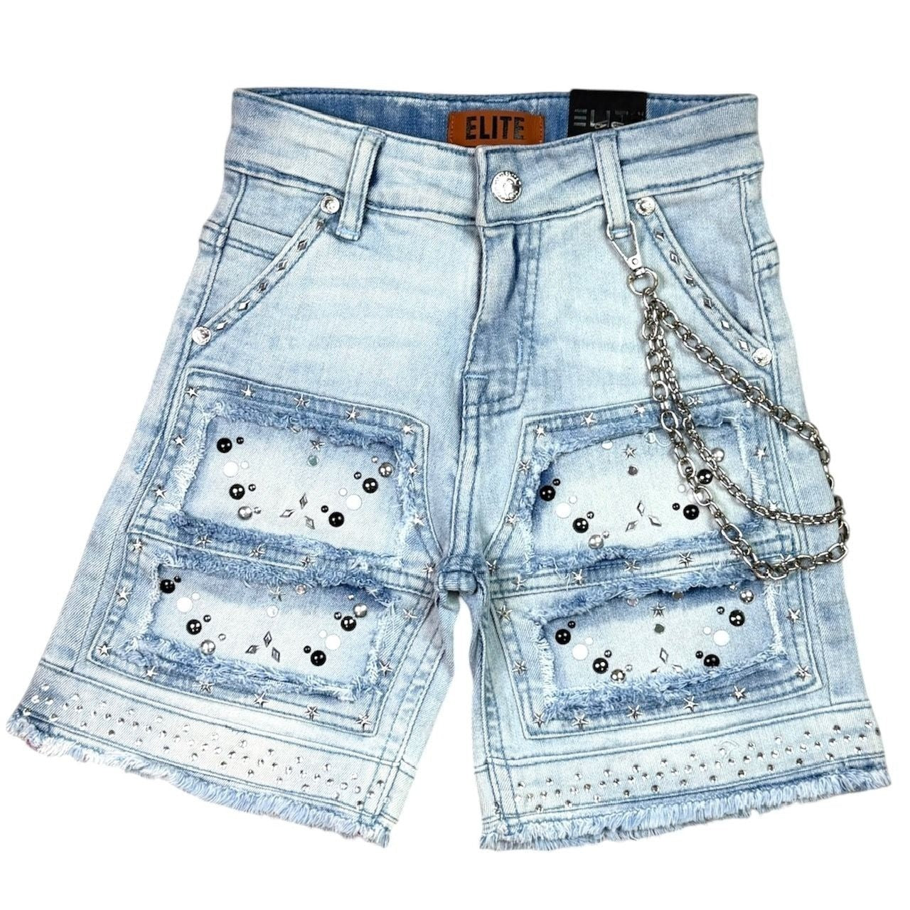 On Time Fashions ice wash denim shorts for kids with embellished rip and repair details and a silver chain.