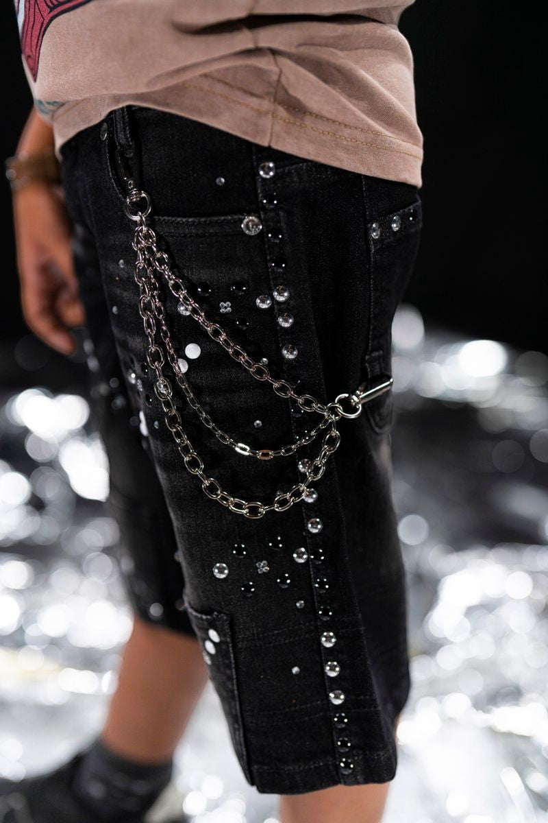 On Time Fashions black denim shorts for kids, embellished with rhinestones and featuring a detachable chain.