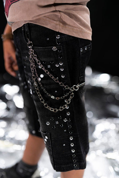 On Time Fashions black denim shorts for kids, embellished with rhinestones and featuring a detachable chain.