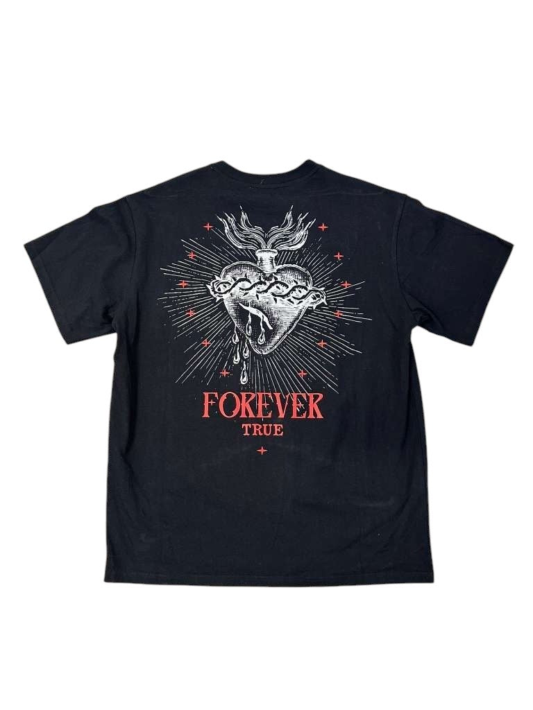 On Time Fashions kids black streetwear t-shirt featuring a graphic print of a sacred heart with text Forever True