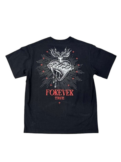 On Time Fashions kids black streetwear t-shirt featuring a graphic print of a sacred heart with text Forever True