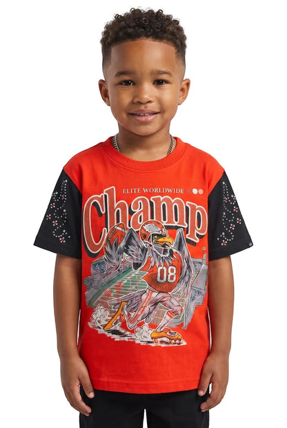 On Time Fashions kids tee in red and black with a football eagle graphic and rhinestone embellished sleeves