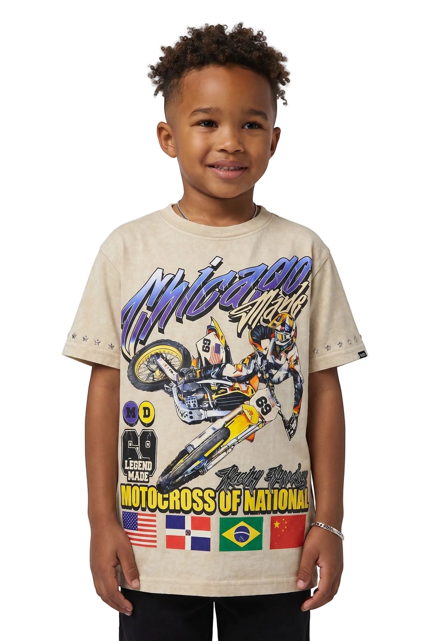 On Time Fashions kids oversized mineral wash cotton tee with motocross graphic and metal stud embellishments
