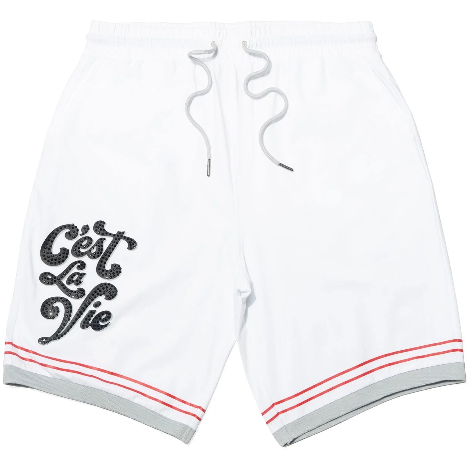 On Time Fashions Makobi Cest La Vie white shorts with black sequin text and red and grey trim.