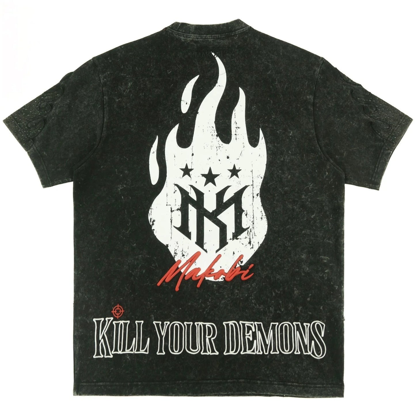 On Time Fashions Makobi Tesoro Tee, black mineral wash cotton t-shirt with distressed graphic print of flames, stars, and text.