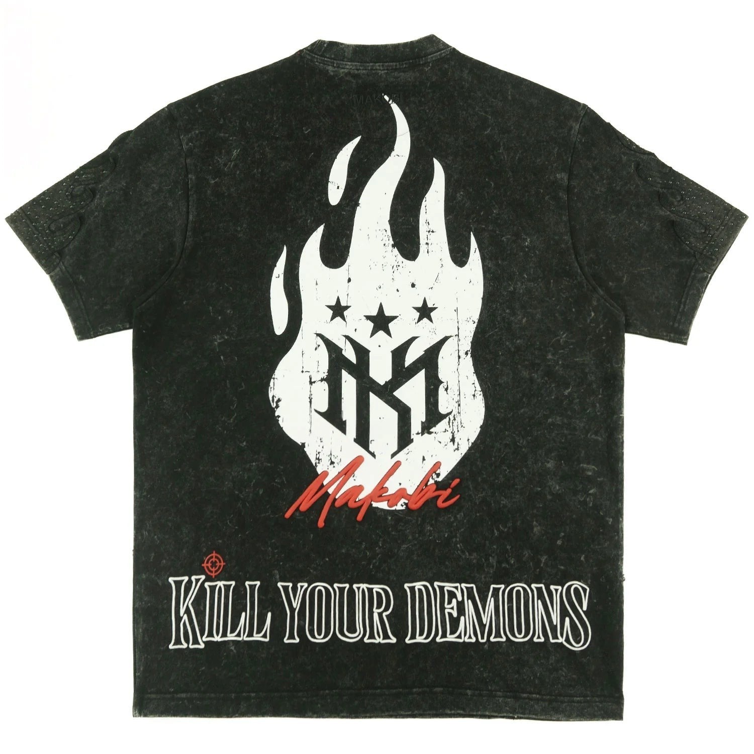 On Time Fashions Makobi Tesoro Tee, black mineral wash cotton t-shirt with distressed graphic print of flames, stars, and text.