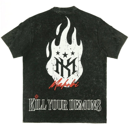 On Time Fashions Makobi Tesoro Tee, black mineral wash cotton t-shirt with distressed graphic print of flames, stars, and text.