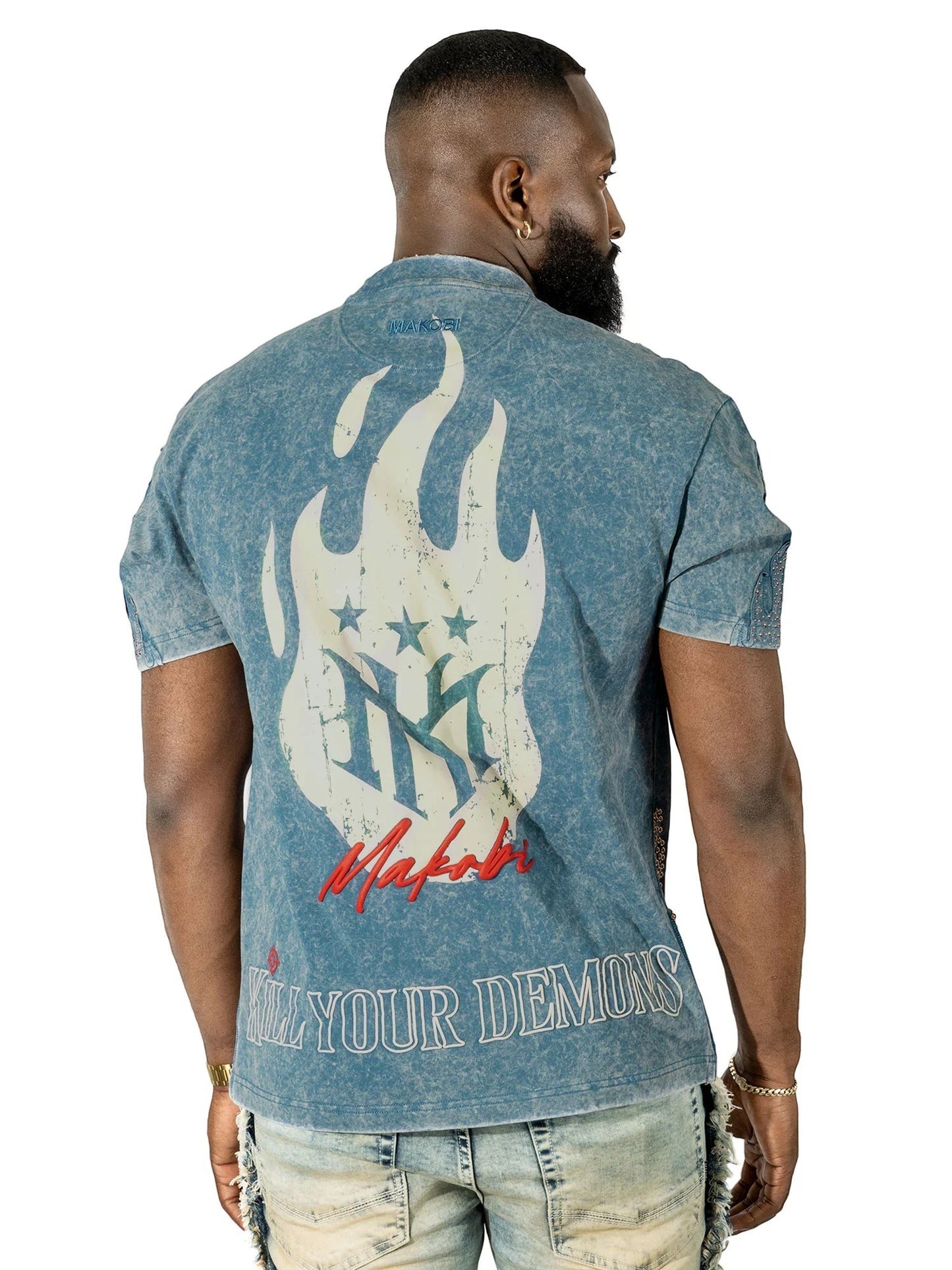 On Time Fashions Makobi Tesoro Tee, blue acid wash cotton t-shirt with flame graphic and "Kill Your Demons" text.