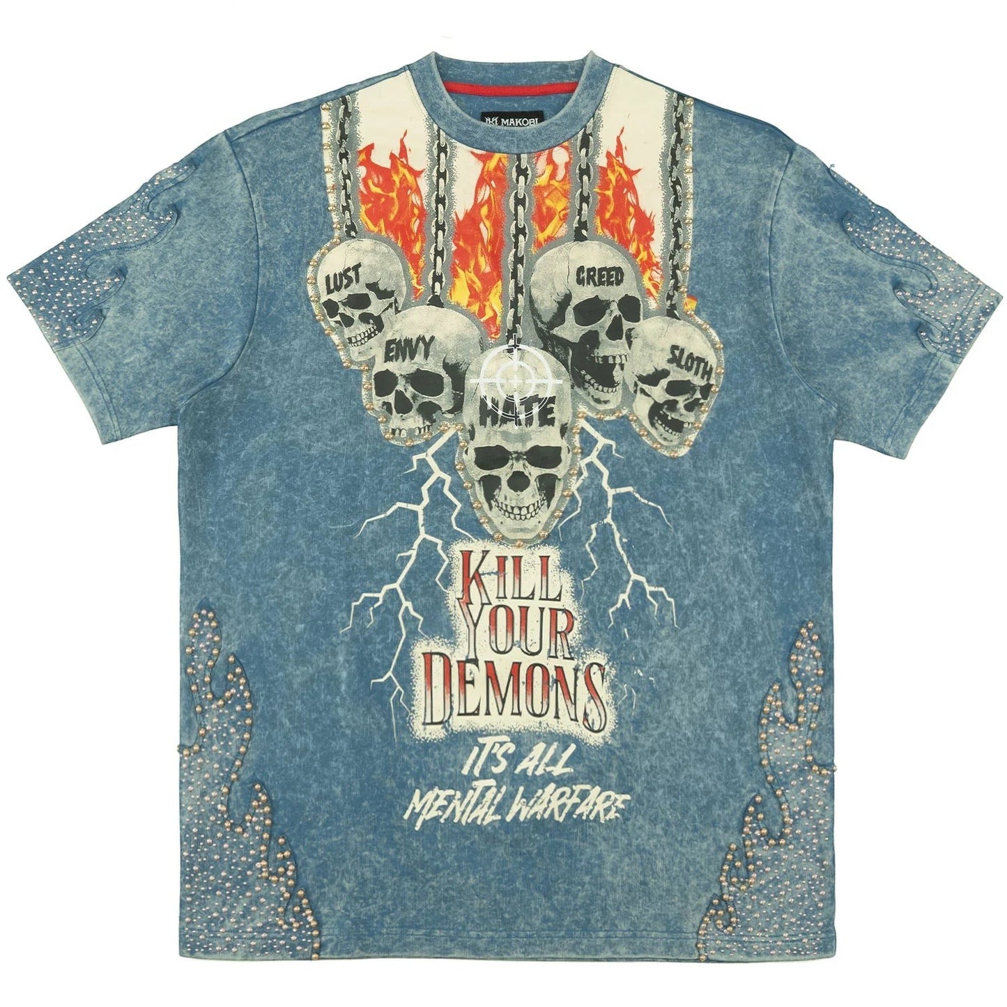 On Time Fashions Makobi Tesoro Tee, blue acid wash graphic t-shirt with skulls, flames, lightning, and text "KILL YOUR DEMONS"