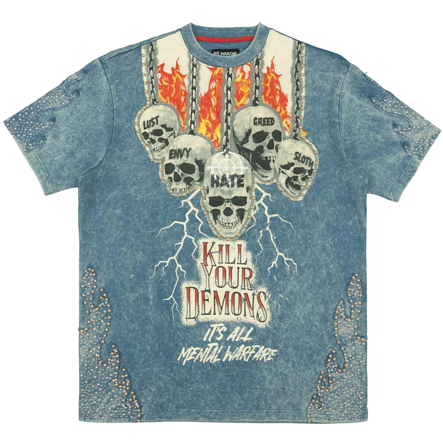 On Time Fashions Makobi Tesoro Tee, blue acid wash graphic t-shirt with skulls, flames, lightning, and text "KILL YOUR DEMONS"