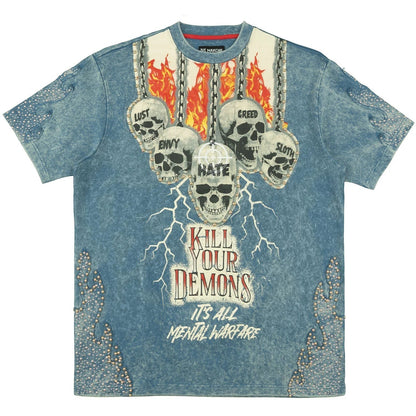 On Time Fashions Makobi Tesoro Tee, blue acid wash graphic t-shirt with skulls, flames, lightning, and text "KILL YOUR DEMONS"