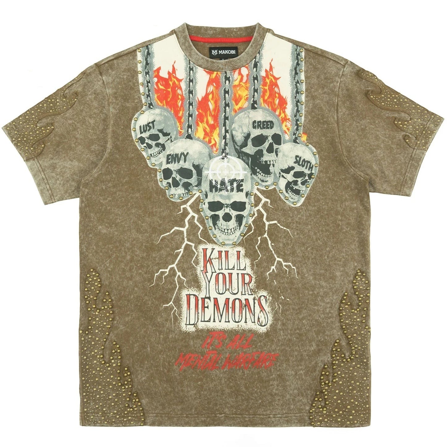 On Time Fashions Makobi Tesoro Tee, brown mineral wash cotton with graphic print of skulls labeled with sins, flames, and lightning.