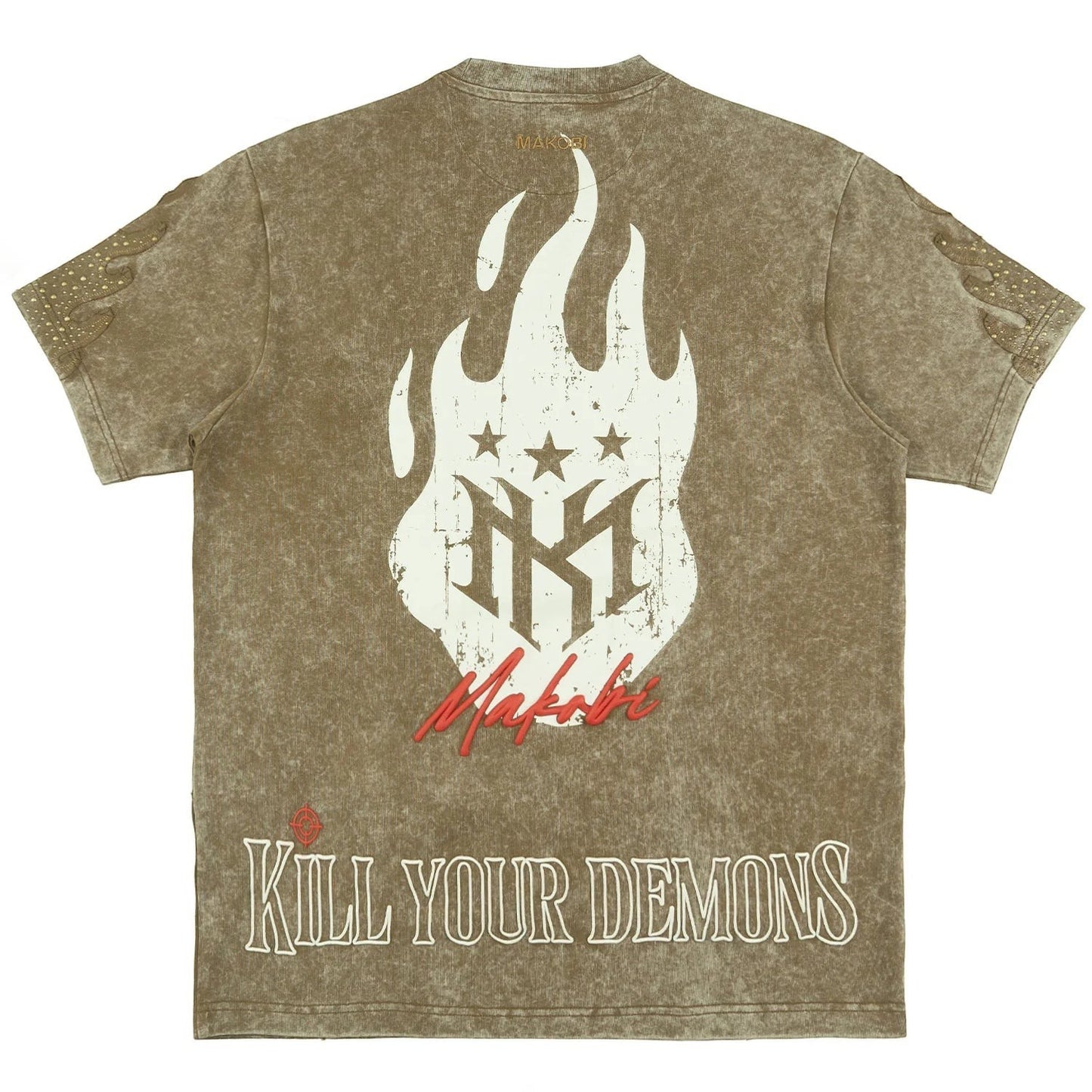 On Time Fashions Makobi Tesoro Tee, a distressed brown t-shirt with a large white flame graphic featuring the Makobi logo and text.