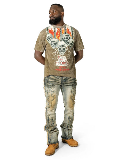 On Time Fashions Makobi Tesoro Tee in tan with a graphic print of skulls and flames, featuring distressed details and stud embellishments.