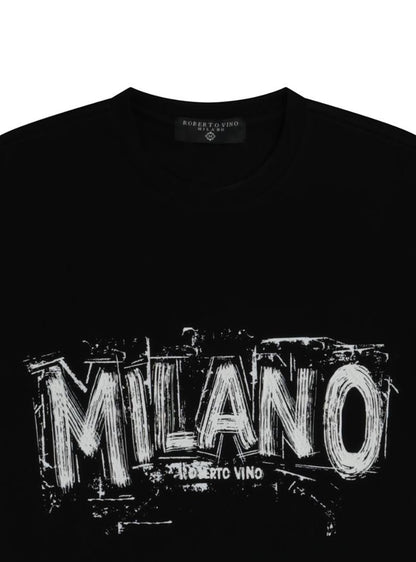 On Time Fashions black cotton tee with distressed white "Milano" graphic and "Roberto Vino" text.