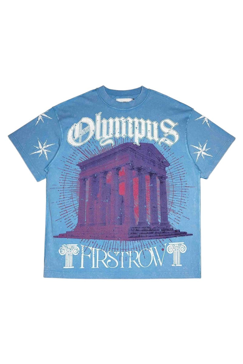 On Time Fashions blue washed regular fit tee with Olympus graphic, flocking, and rhinestone details.