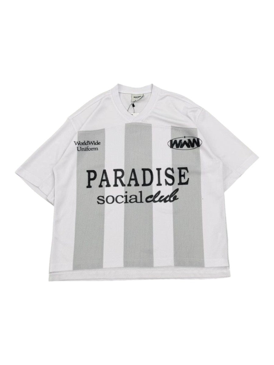 On Time Fashions white jersey with grey vertical stripes, "PARADISE social club" graphic and "Worldwide Uniform" text.