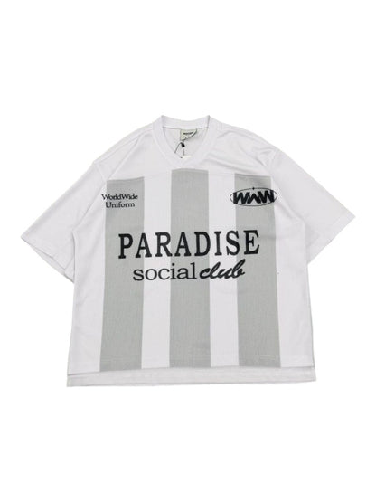 On Time Fashions white jersey with grey vertical stripes, "PARADISE social club" graphic and "Worldwide Uniform" text.