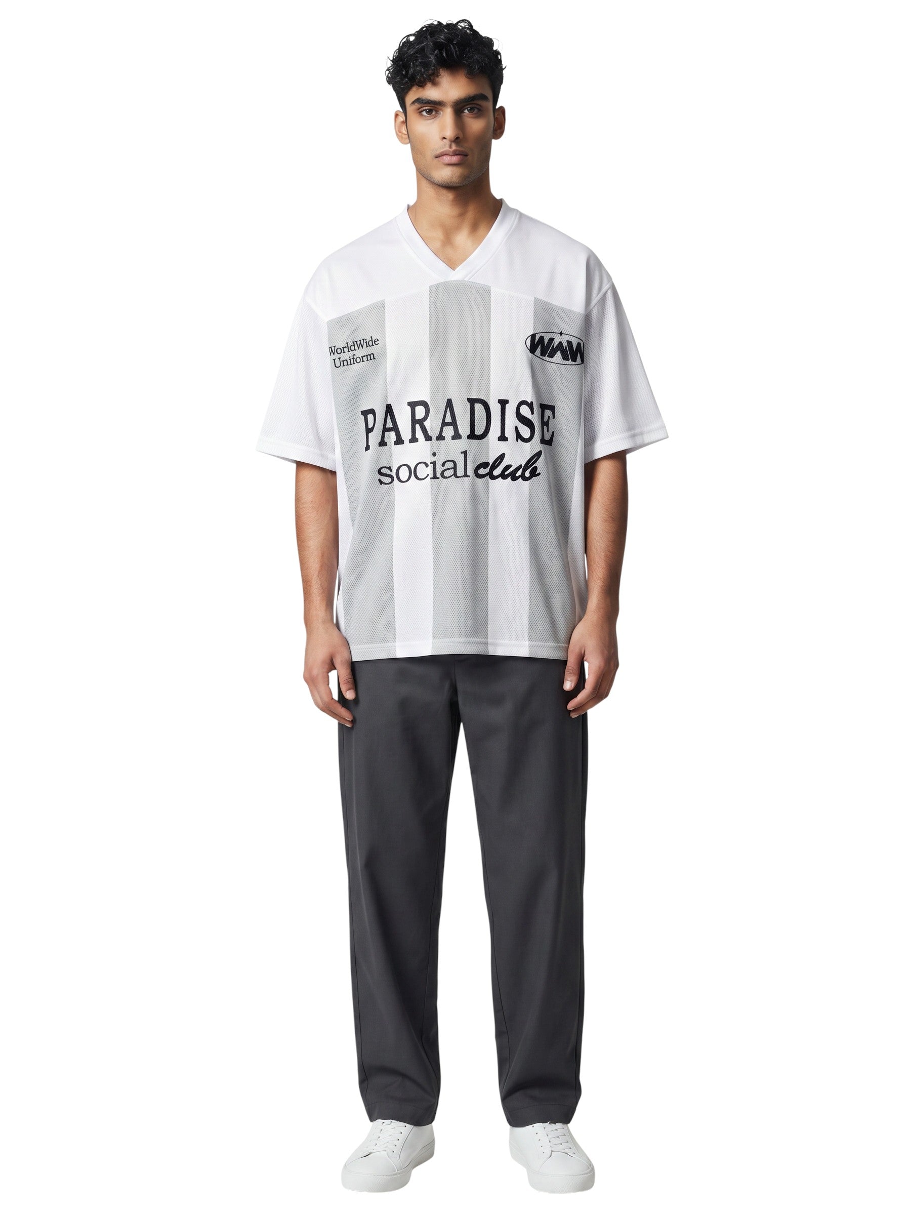 On Time Fashions white jersey with grey vertical stripes, "PARADISE social club" graphic and "Worldwide Uniform" text.