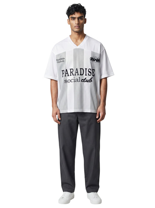 On Time Fashions white jersey with grey vertical stripes, "PARADISE social club" graphic and "Worldwide Uniform" text.