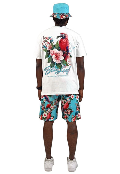 On Time Fashions white t-shirt with a red parrot and floral print on back. Summer streetwear.
