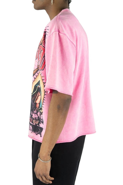 On Time Fashions pink Rebel Minds Jesus Relic heavyweight French terry tee with graphic print on a male model