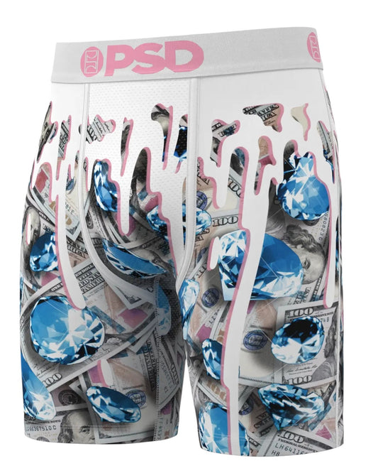 On Time Fashions PSD Benjis Melt boxer briefs with a white waistband, featuring a bold graphic print of US dollar bills and blue diamonds with pink dripping accents.