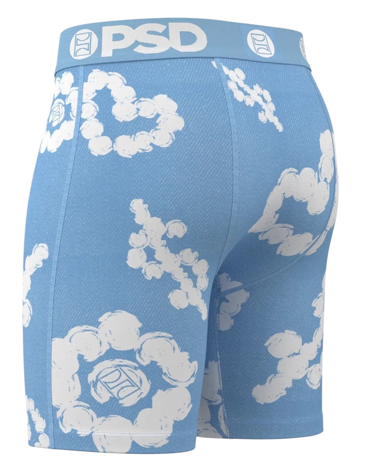 On Time Fashions PSD Cloud Drops Blu men's boxer briefs with blue denim-like fabric and white cloud graphics.