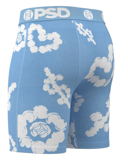 On Time Fashions PSD Cloud Drops Blu men's boxer briefs with blue denim-like fabric and white cloud graphics.