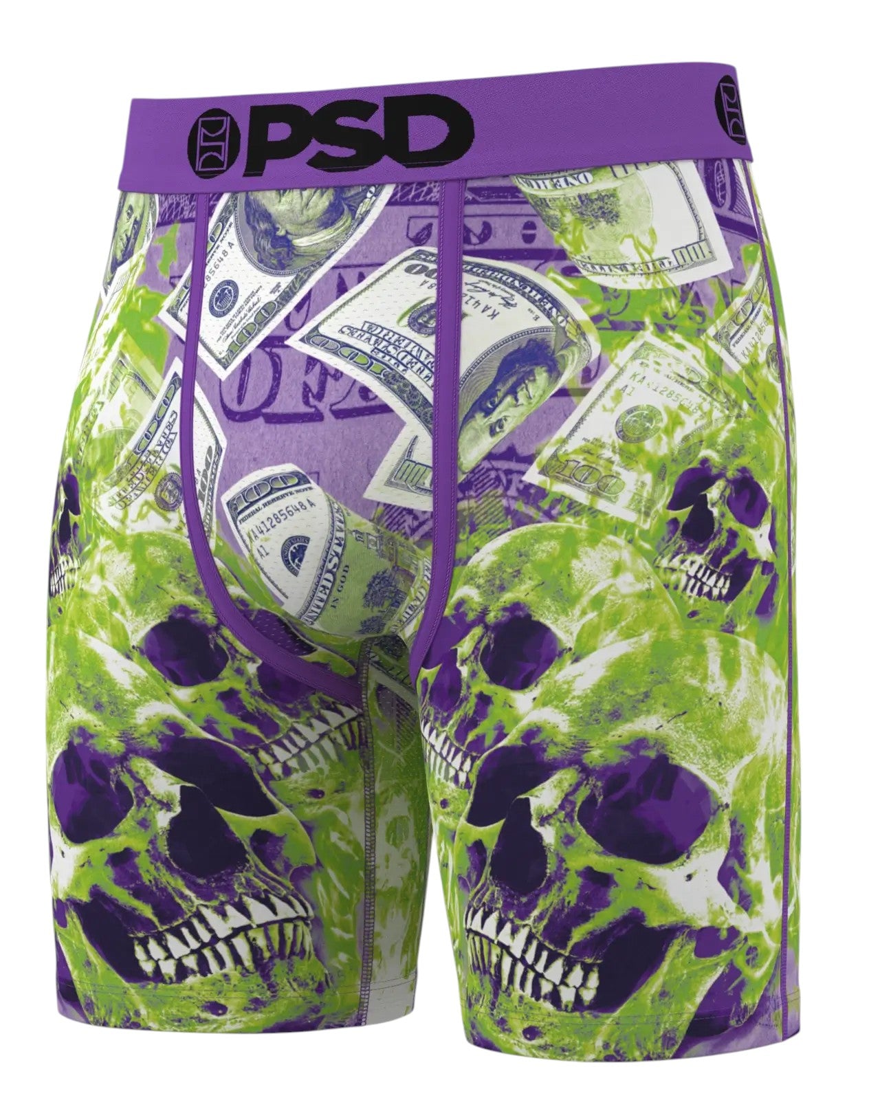 On Time Fashions PSD Dead Money boxer briefs with skulls and US dollar bills graphic print, purple waistband.