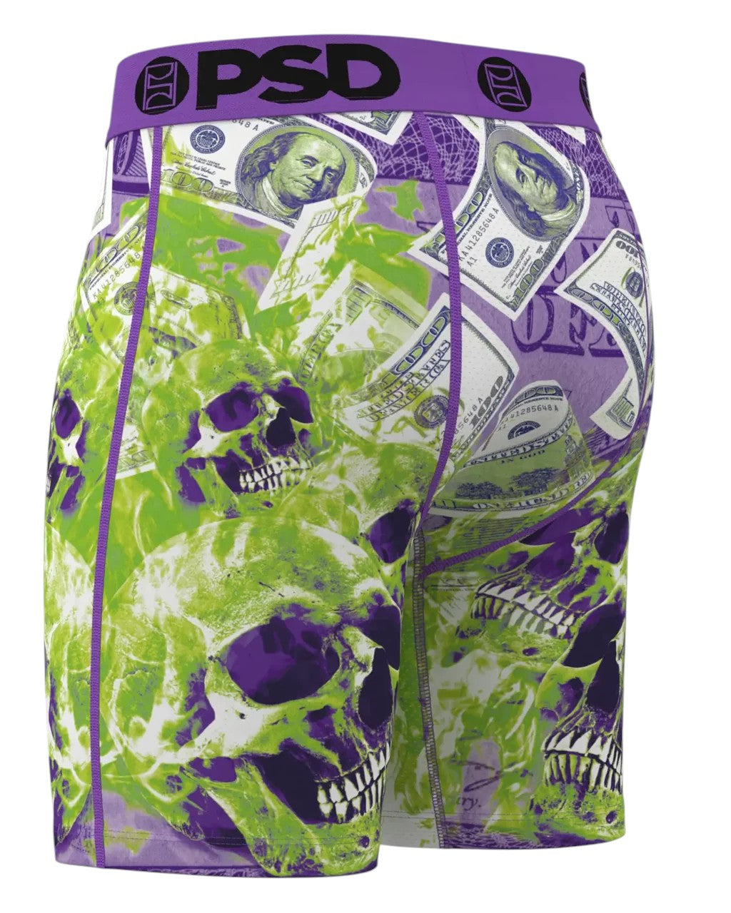 On Time Fashions PSD Dead Money boxer briefs with skulls and US dollar bills graphic print, purple waistband.