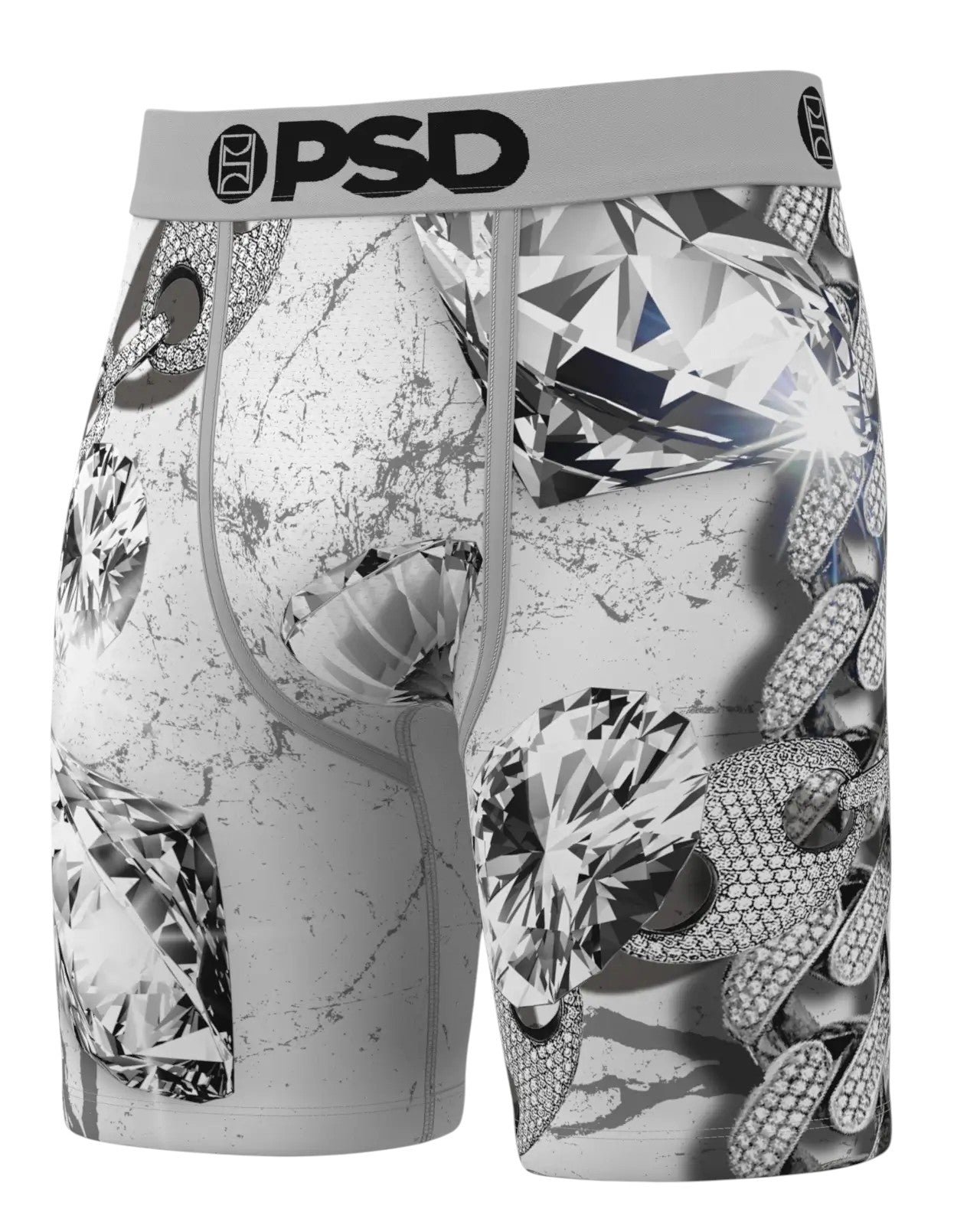 On Time Fashions PSD Lux Touring boxer briefs with diamond and chain print, grey waistband with PSD logo.