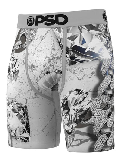 On Time Fashions PSD Lux Touring boxer briefs with diamond and chain print, grey waistband with PSD logo.