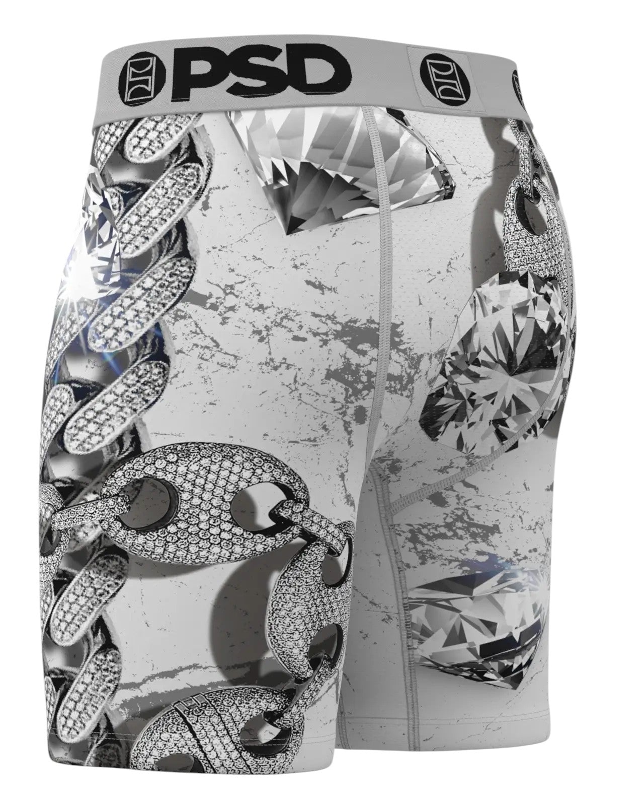On Time Fashions PSD Lux Touring men's boxer briefs with diamond and chain print, grey and white.