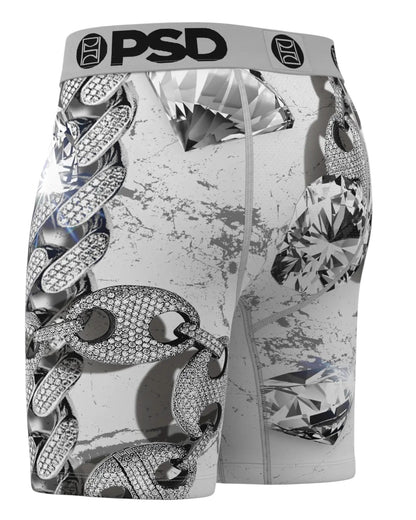 On Time Fashions PSD Lux Touring men's boxer briefs with diamond and chain print, grey and white.