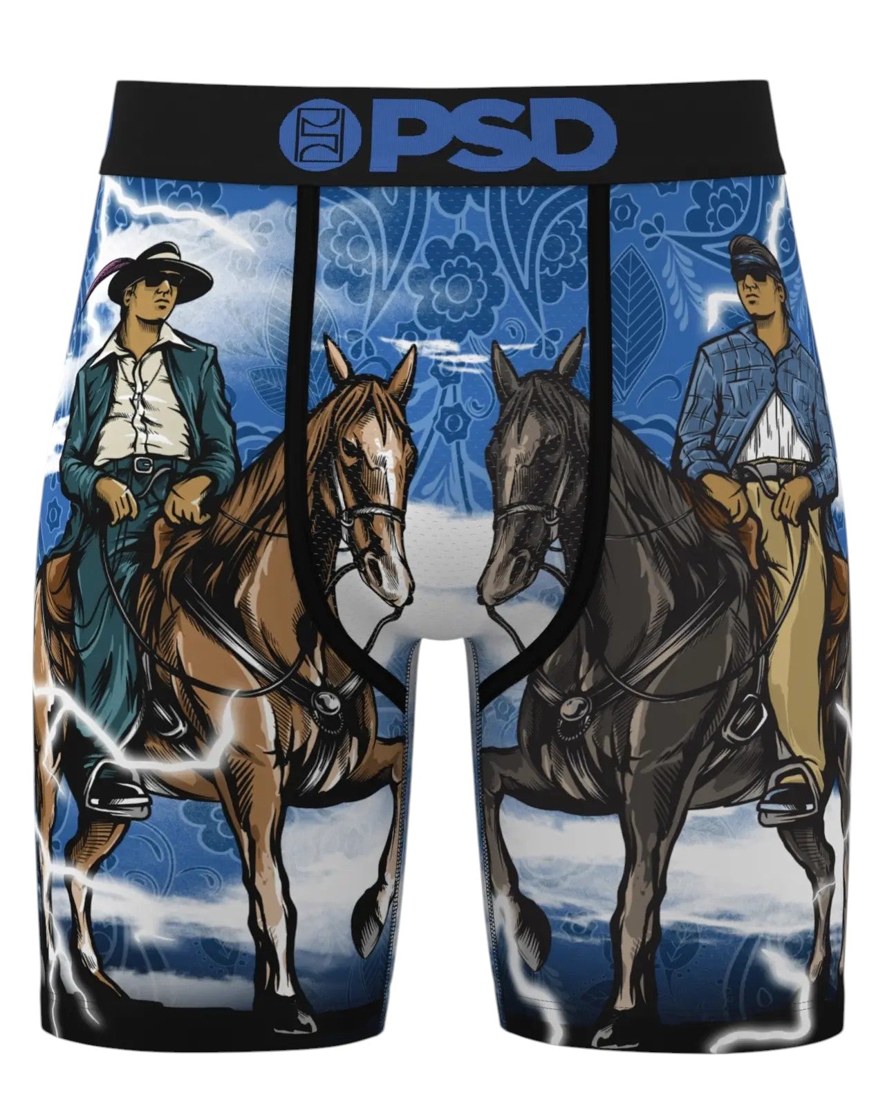 On Time Fashions PSD Noontide boxer briefs with a blue graphic print of two cowboys on horses, lightning, and floral patterns.